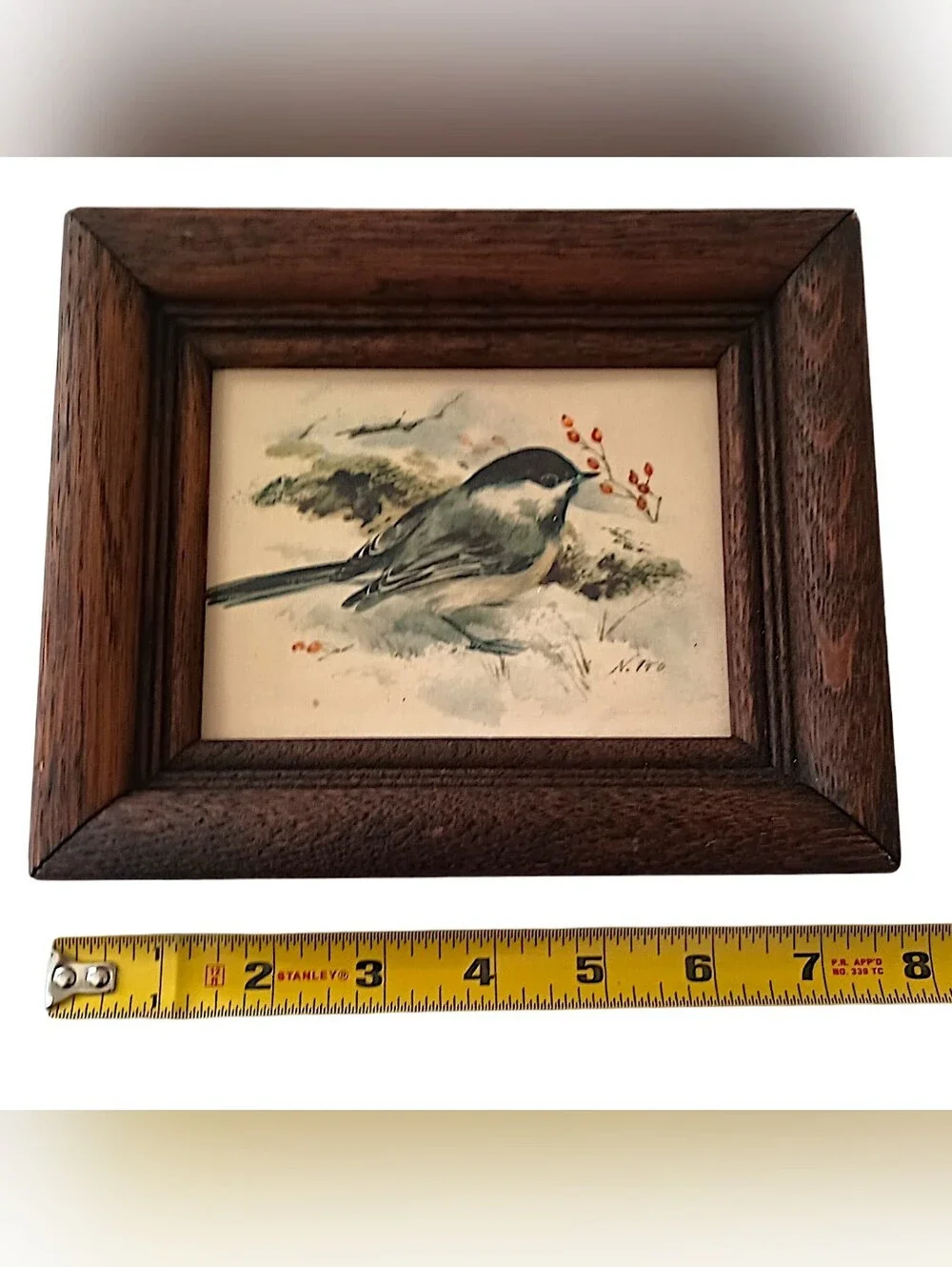 Vtg Mini Framed Chickadee Bird Print Rustic Wood Frame Cottagecore Cabin Decor